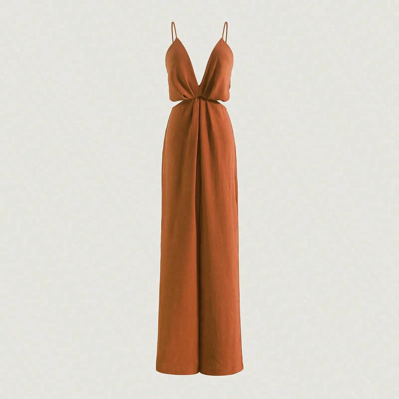 Pleated Wide Leg Jumpsuits, Sexy Backless With Zipper,
