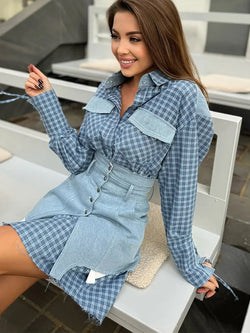 Blocked Shirt Waist Cinching Irregular Hem Short Skirt
