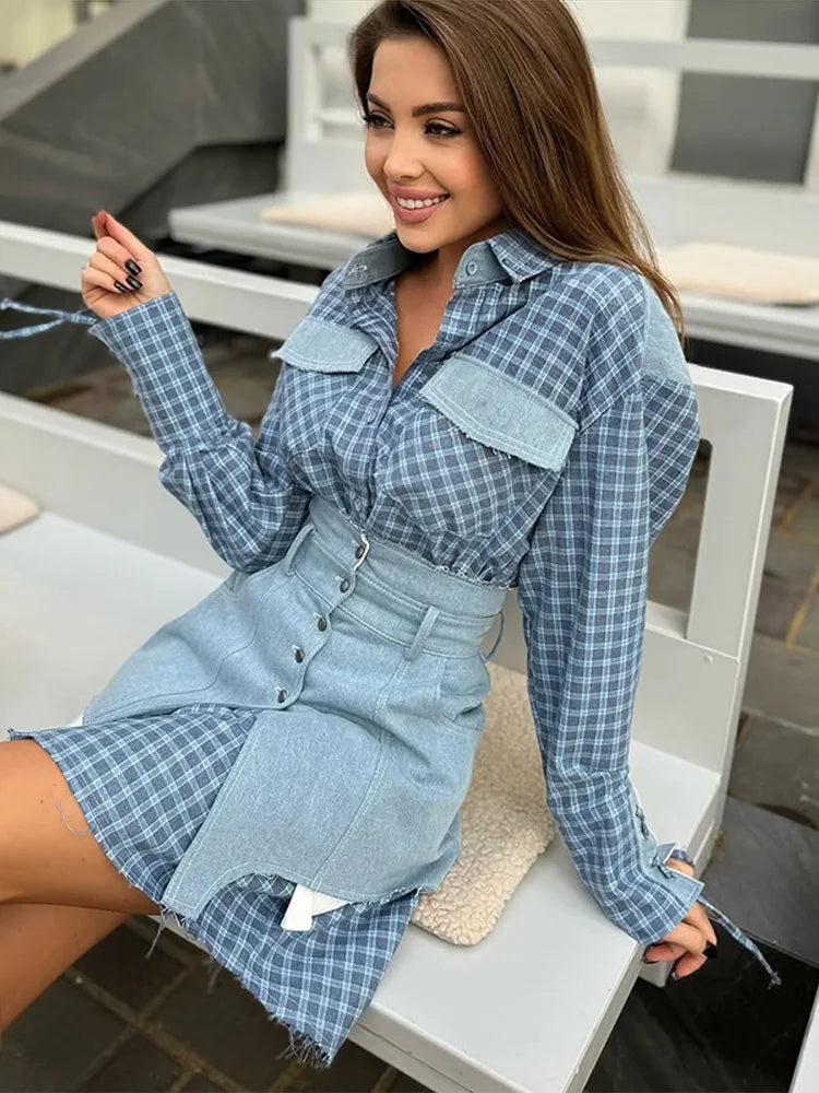 Blocked Shirt Waist Cinching Irregular Hem Short Skirt