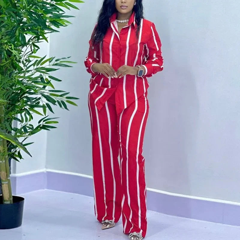 Stripe Long Sleeved Shirt Wide Leg Pants Two Piece