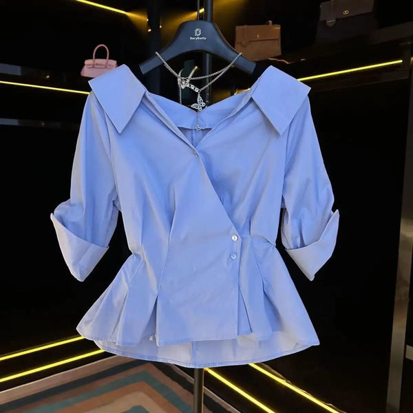 Elegant Short Sleeve V-Neck Shirt Slim High Waist Side Buckle Tops