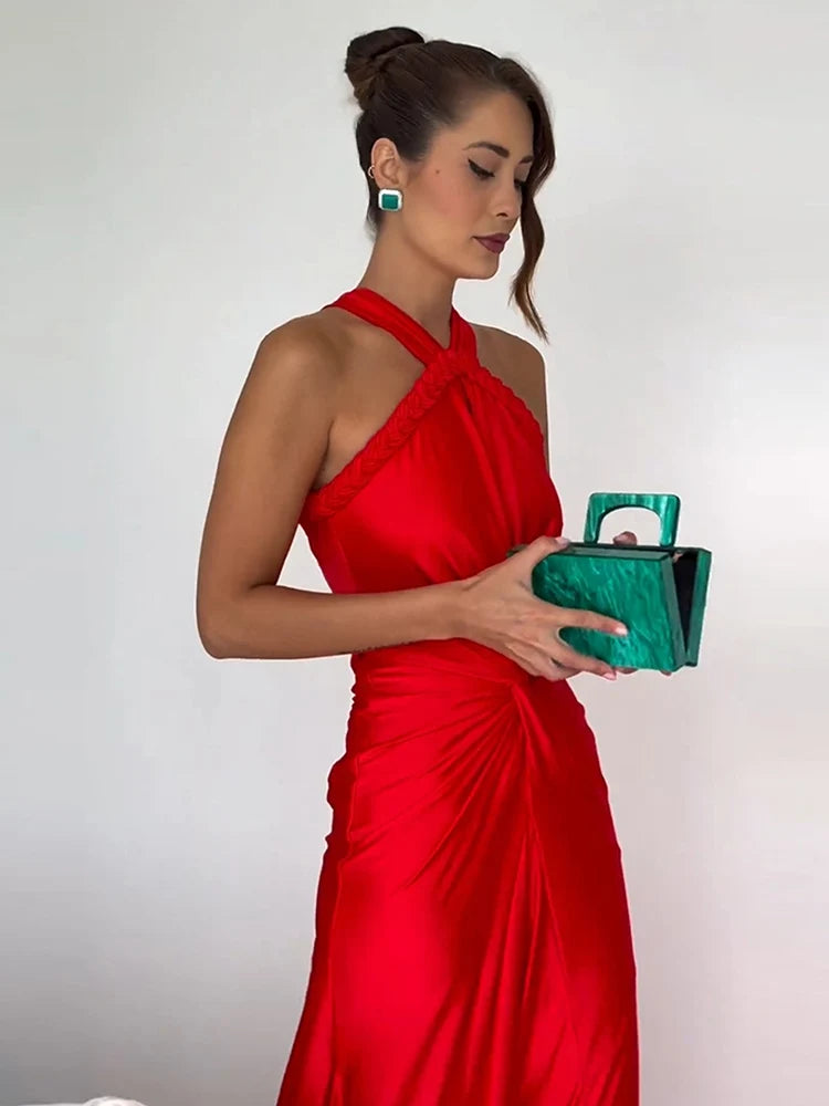 Asymmetrical Straps Maxi Red Sleeveless Backless Dress