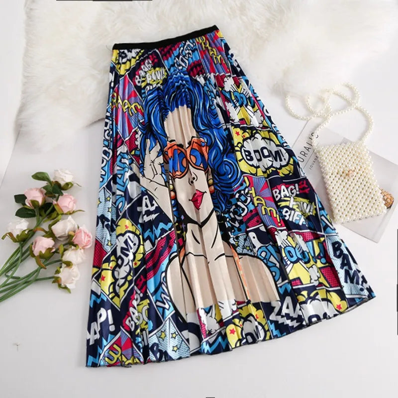 Cartoon Print Pleated Long High Waist A-Line Elastic Blue Pink Skirt