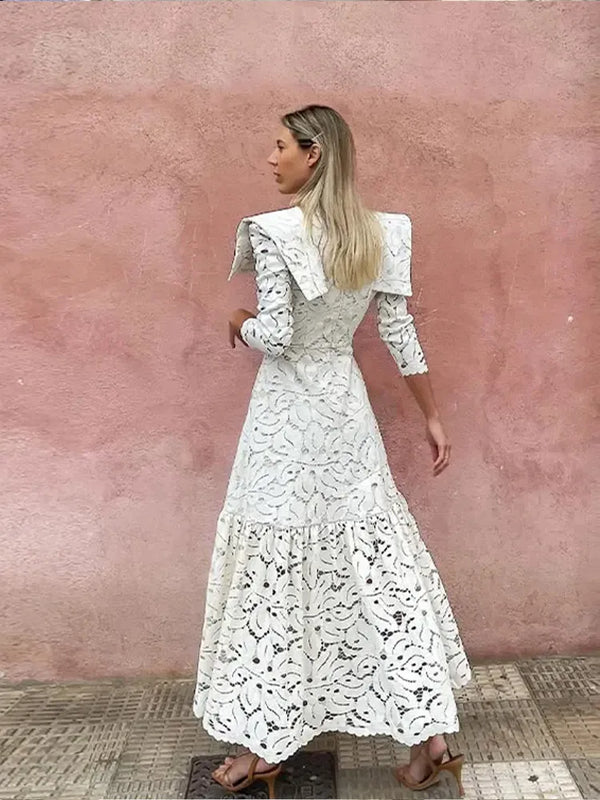 Elegant Lace High Collar Long Sleeve Slim Solid Dress