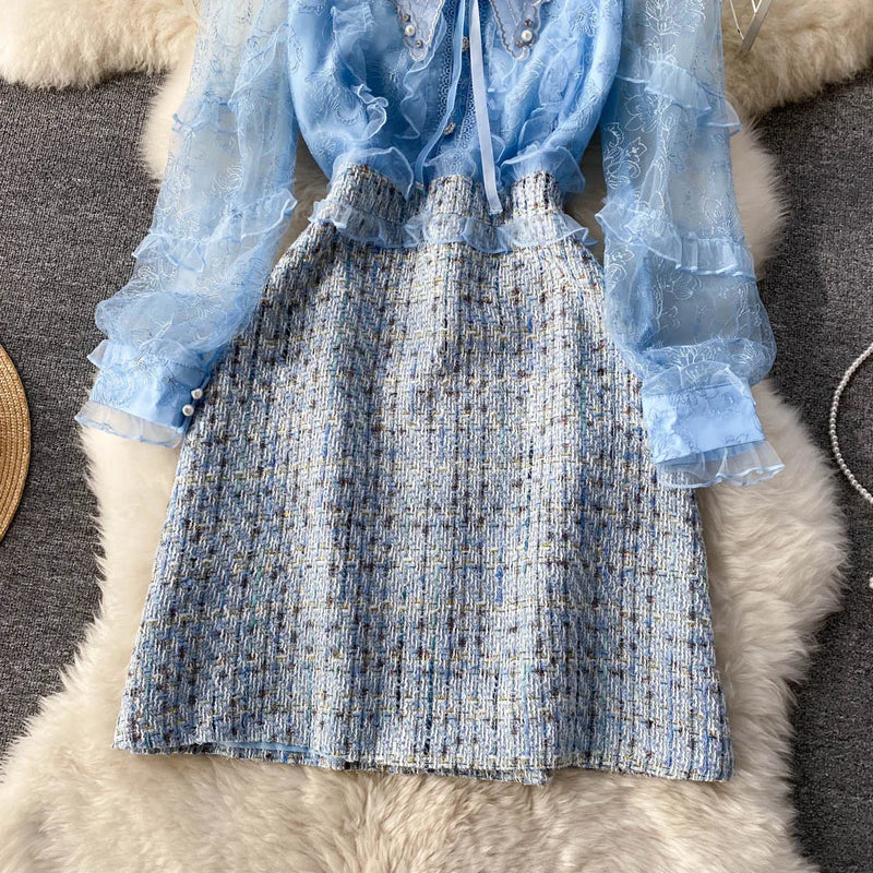Woolen Tweed Plaid Ruffle French Pearls Dress