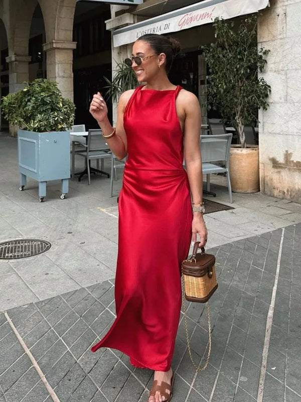 Sleeveless Temperament Silk Midi Long Dress