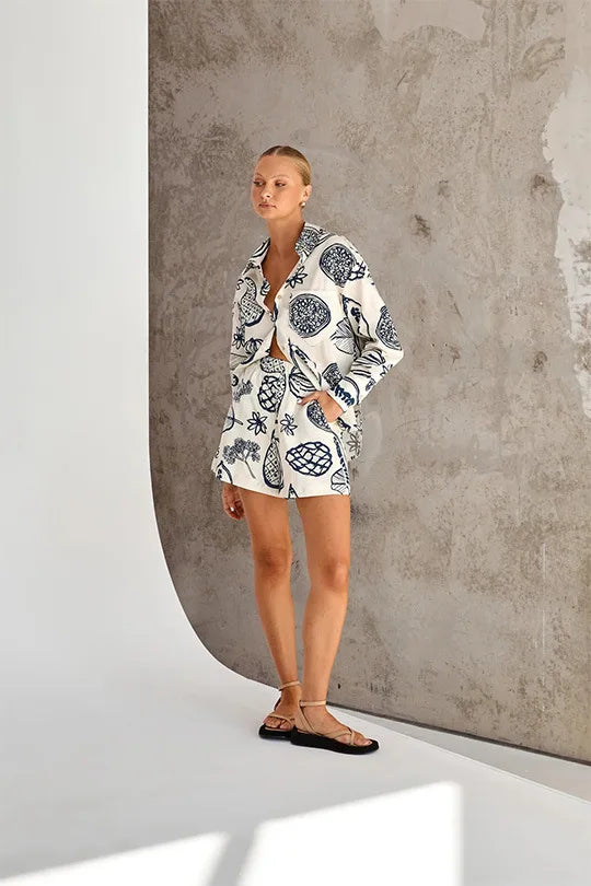 Summer Flip Collar Printed Single Breasted Shirt Shorts Two Piece