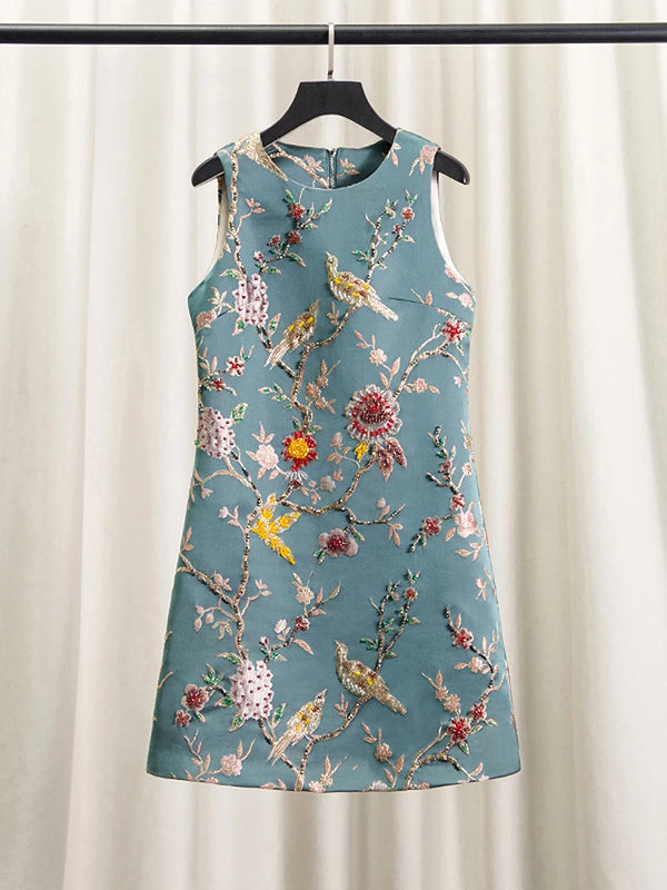 Elegant Beaded Blue Rhinestone Embellished Sleeveless Dress