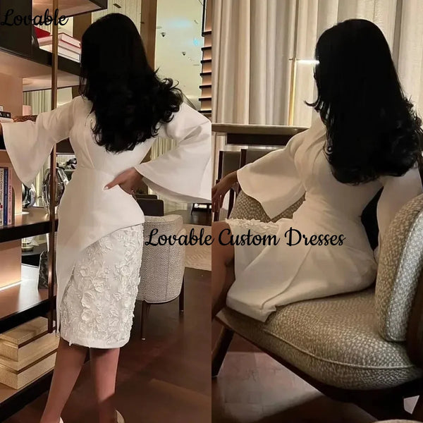 Scoop Neckline Tea-Length Flowers Luxury Sleeves Dress