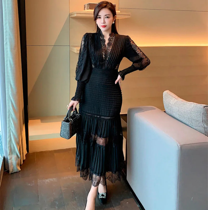 Elegant Spring Chiffon Patchwork Lace V Neck Sleeve Pleated Black Dress