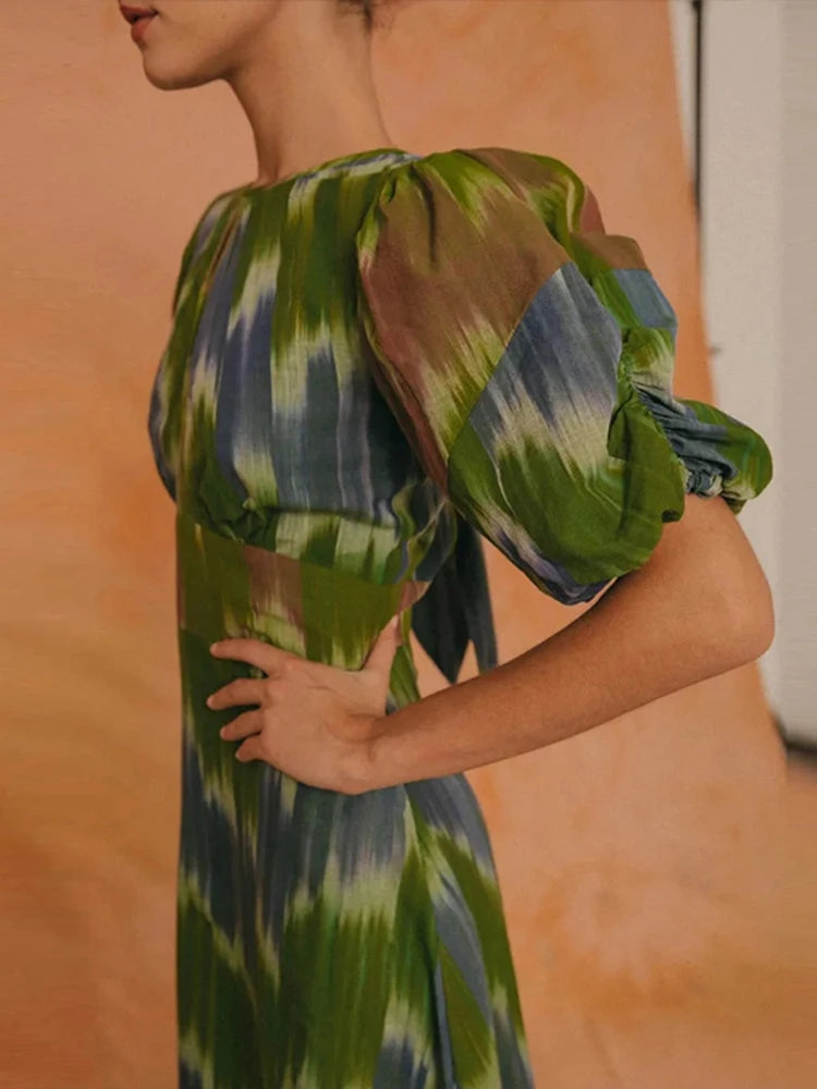 Summer Chic Print Short Puff Sleeves Split Long Dress