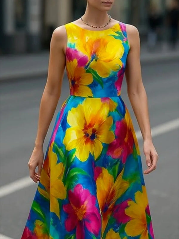 British Floral Printed Sleeveless A-line Dress
