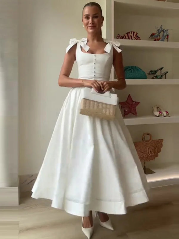 Elegant Chic Bow-tie Strap Plain Long Slim A-line Dress