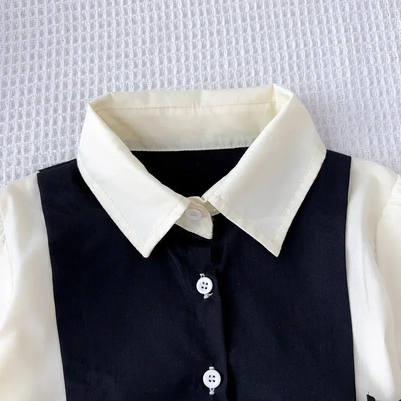 3 To 7 Years Old Long Sleeved Blocked Lapel Button Dress