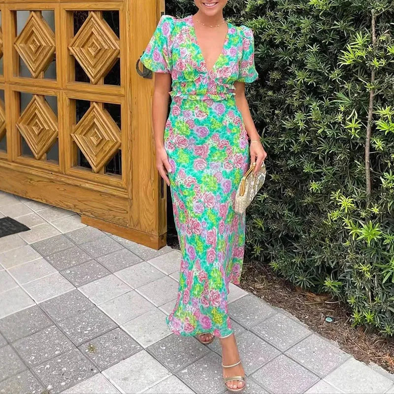 Elegant Backless Hollow Lace-Up Long V-neck Hight Waist Bohemian Dress