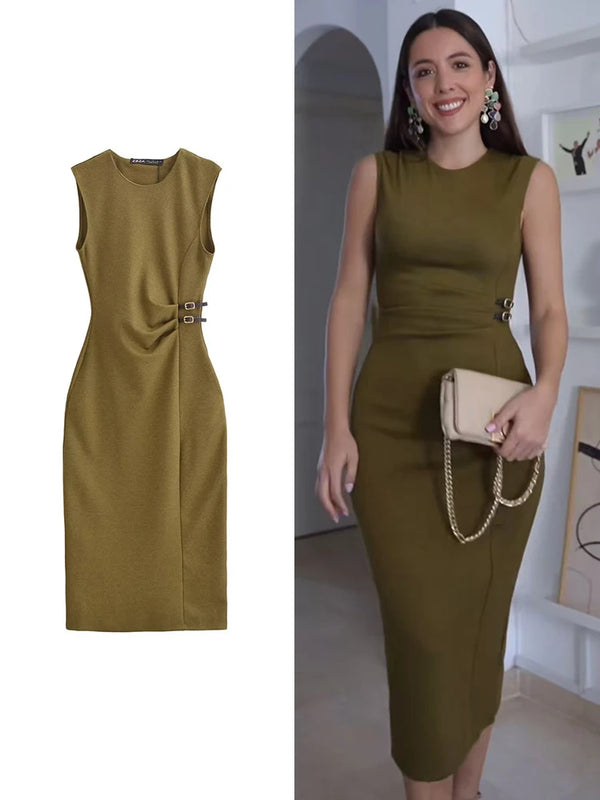 Elegant Green Slim Midi Dress