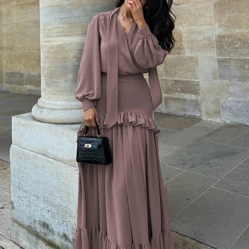 Chiffon Long Sleeved Autumn Skirt Outfit Unique Ruffle Top Party 2pc Set