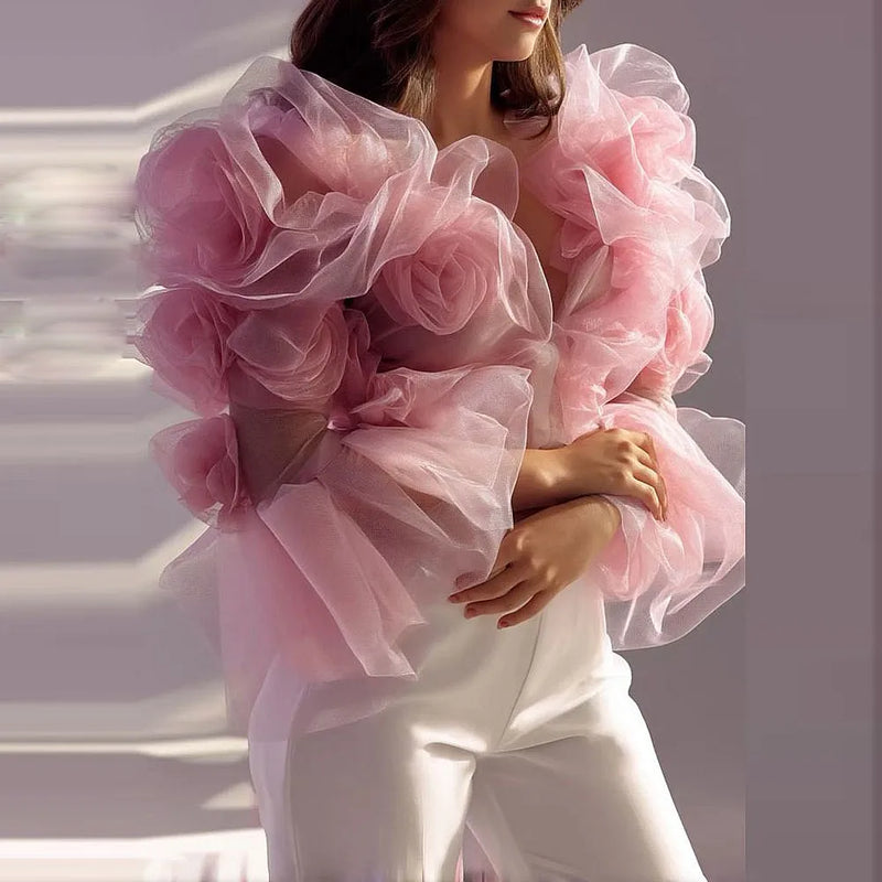 Ruffles Tiered Long Sleeves Jacket Rose Flowers