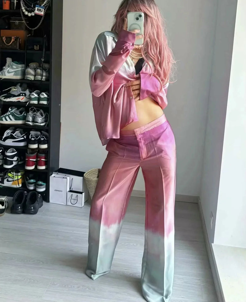 Tie Dye Gradient Print Loose Shirts Top Wide Leg Pants