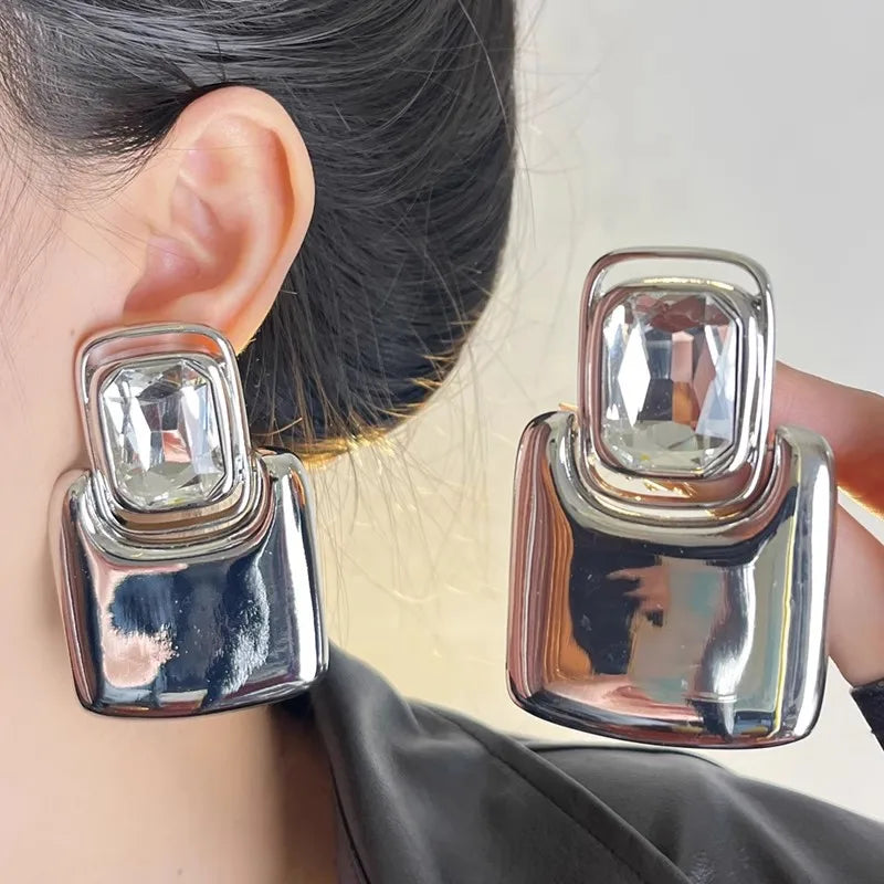 Vintage Metal Square Geometric Crystal Large Earrings