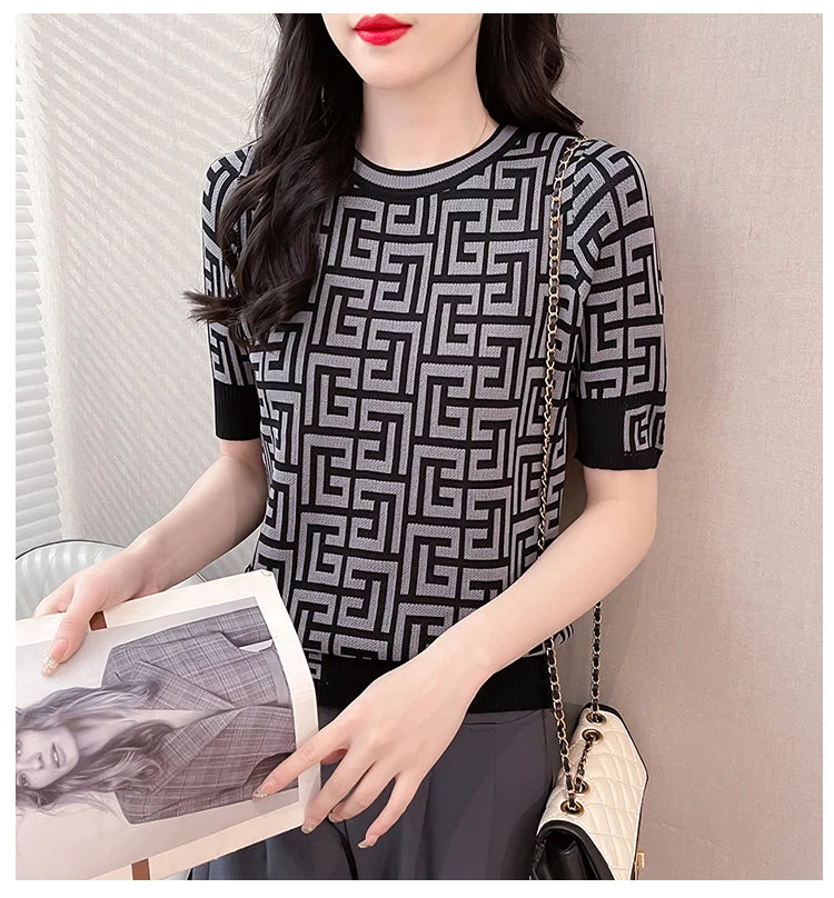 Contrast Jacquard Plaid Tops Short Sleeve Knitted TShirts