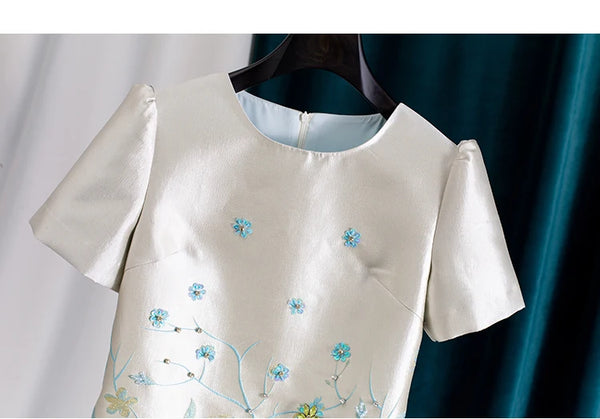 Beaded Rhinestone Puff Short Sleeve H-Line Short Pencil Dress