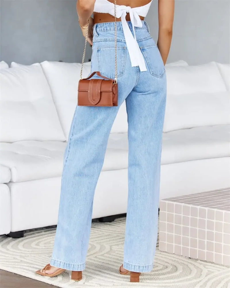 Denim Washing High Waist Loose Fit Pockets Button Basics Wide Leg Trousers