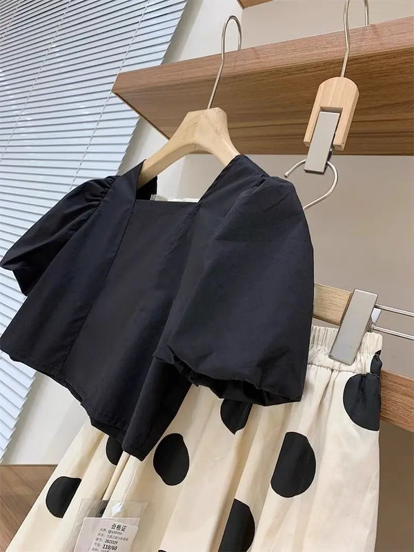 Cotton Square Neck Bubble Sleeve Top Dot Half Skirt 2-pieces