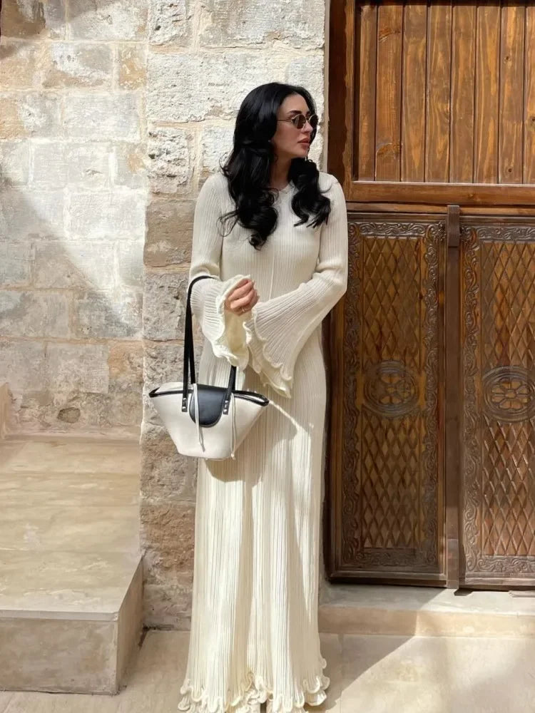 Elegant Ruffle Hem Knit White  O-neck Long Sleeve Backless Dress