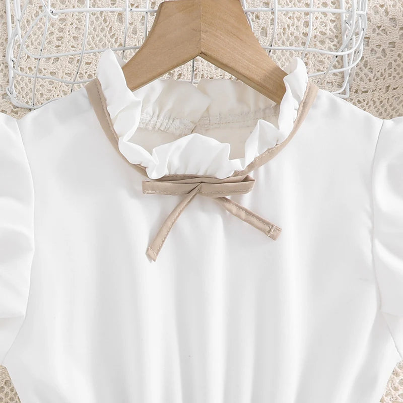 Elegant White Petal Sleeves Pleated Khaki Skirt &Bow tie Preppy