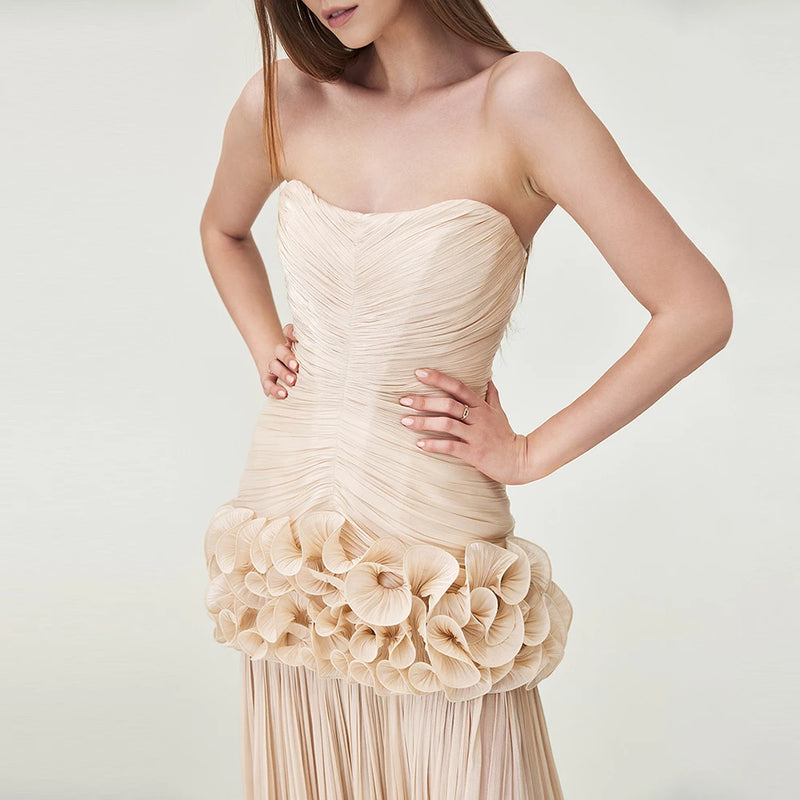 Spliced Fungus Strapless Sleeveless Patchwork Folds Dress