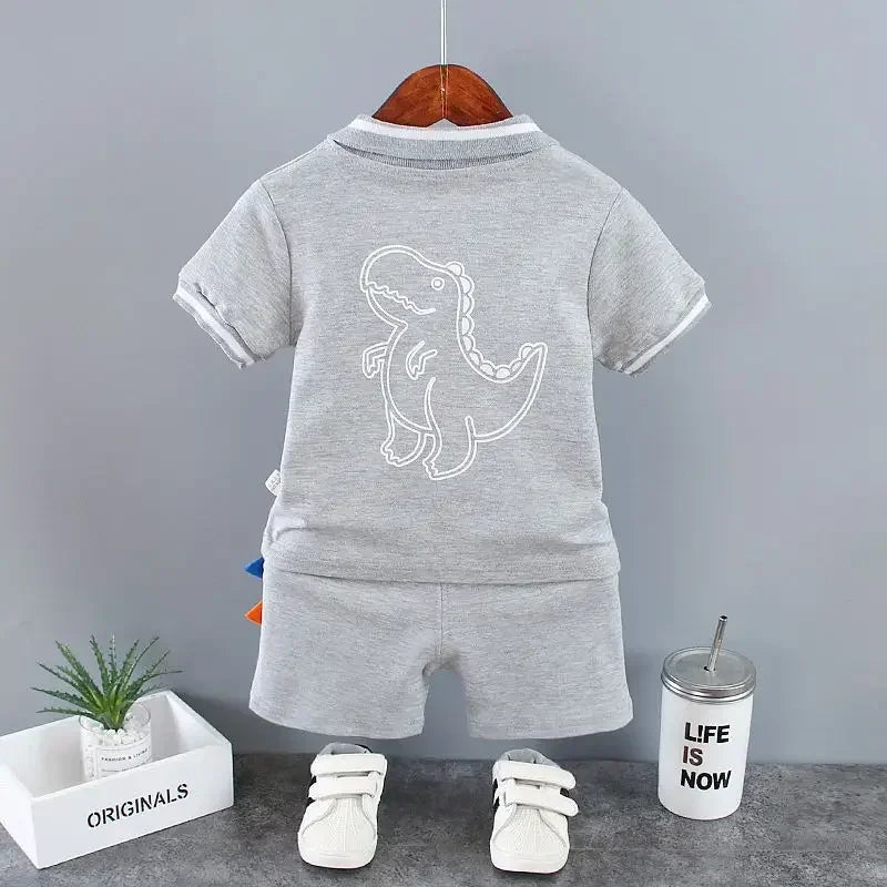 Dinosaur Turn-down Collar T-Shirts Tops+ Shorts 2PCS/Suit