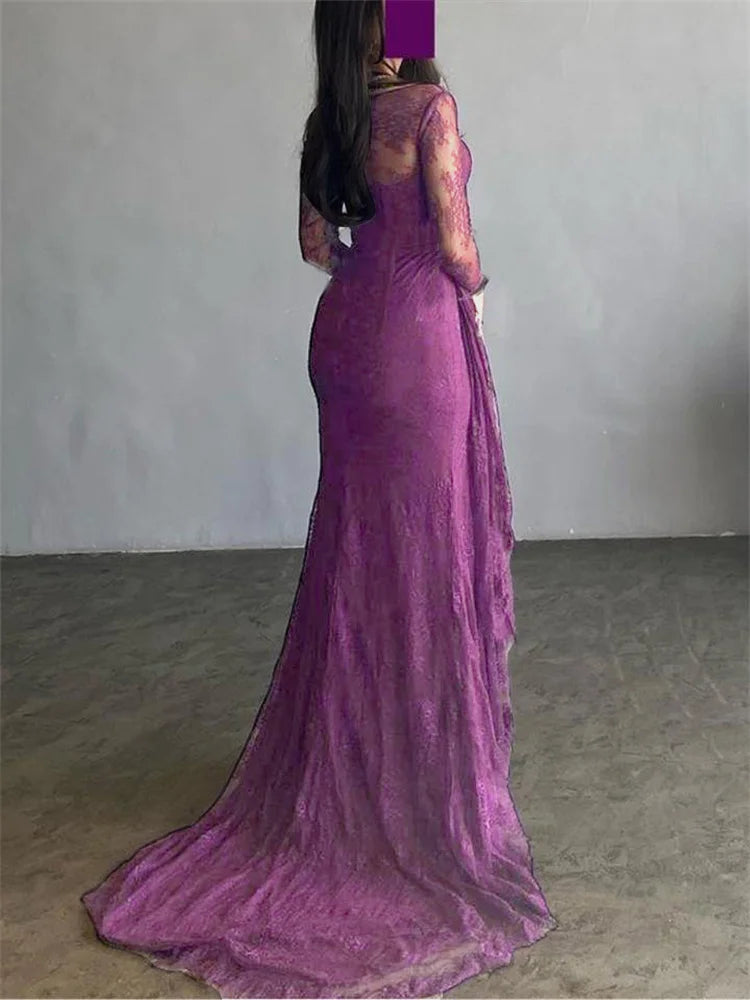 Elegant Lace Square Neck Long Sleeves Skinny Dress