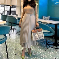 Elegant Pleated Irregular High Waist Buckle Mid-length A-line Skirts