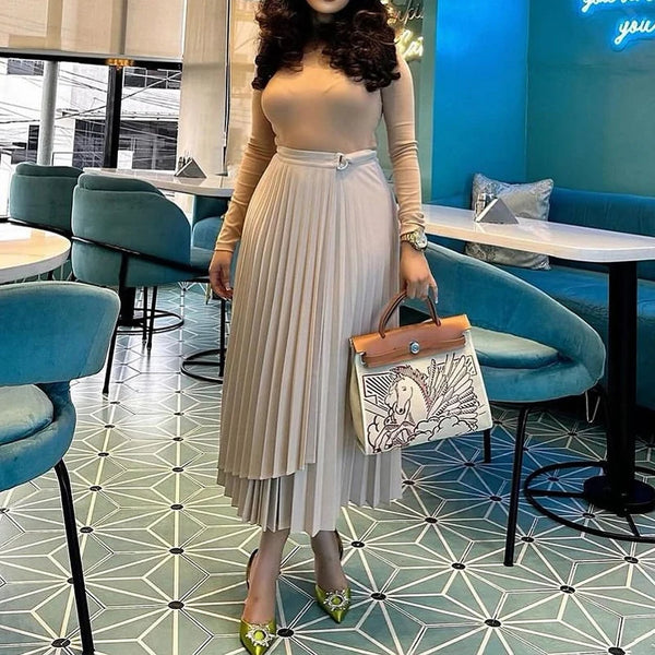 Elegant Pleated Irregular High Waist Buckle Mid-length A-line Skirts