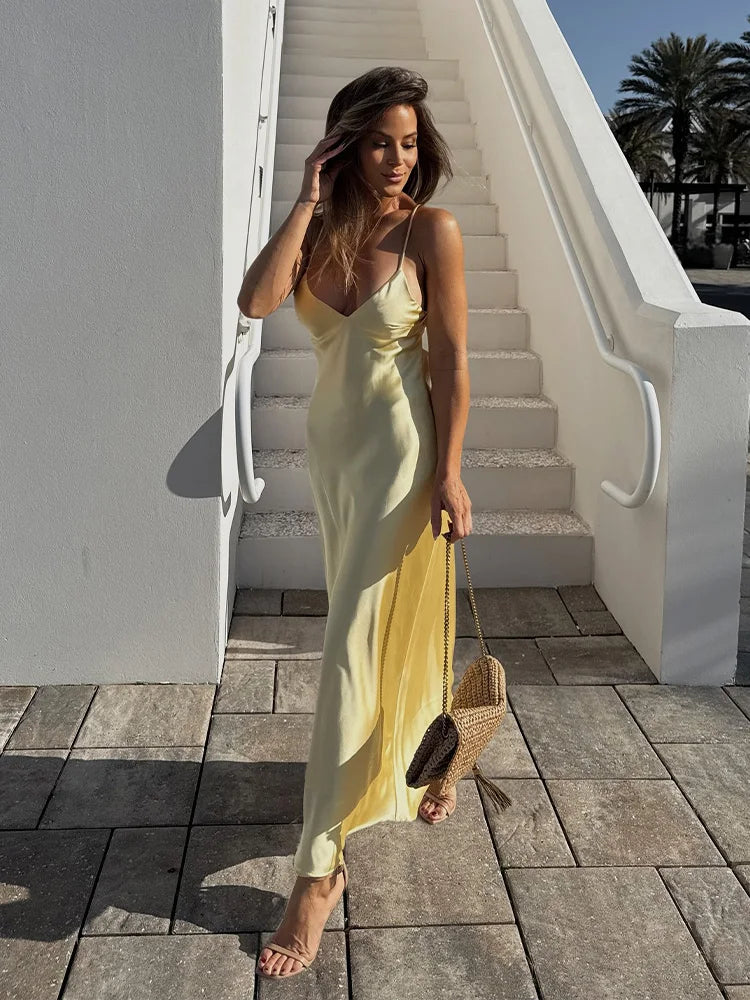 V-Neck Yellow Sexy Backless Casual Slim Stain Sling Long Dress