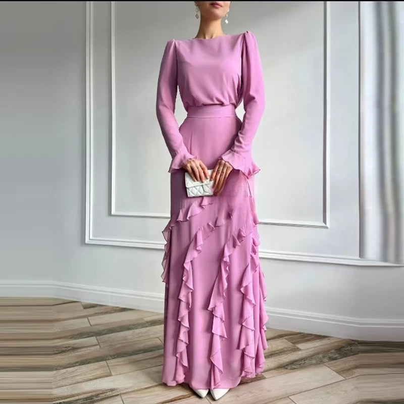 Elegant Summer New Pure Set Sexy O-neck Long Sleeve Tops Ruffles