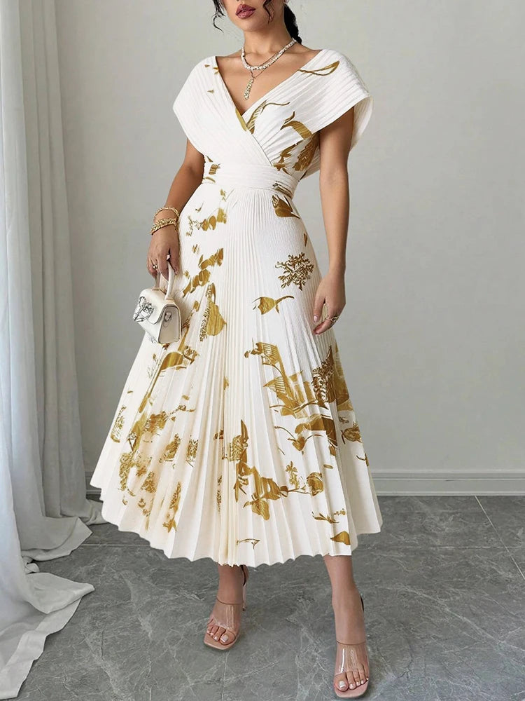 Elegant Pleated Directional Short Sleeve V-Neck A Line Midi Dress