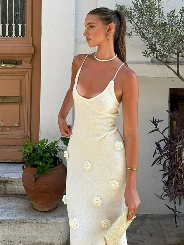 White Flowers Long Knit Slip Dress Chic Elegant Backless