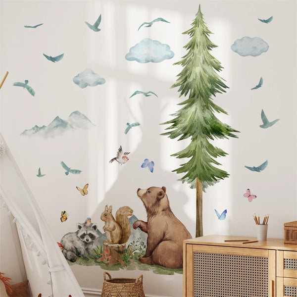 Cartoon Forest Animal Bear Pine Tree Wall Stickers for Kids Room