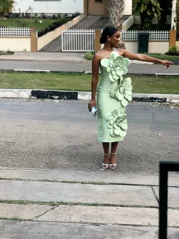 Satin Dress With 3D Handmade Flower Strapless