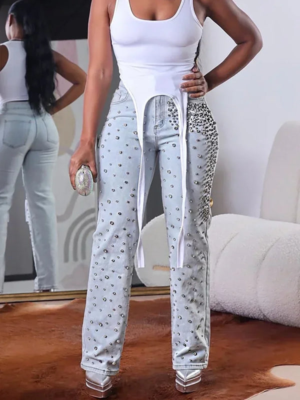 Beading High Waist Slim Casual Denim Pant Vintage