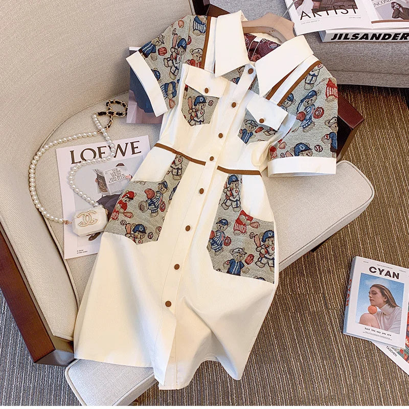 Patchwork Turn-down Collar Midi Buttons Pocket Dress