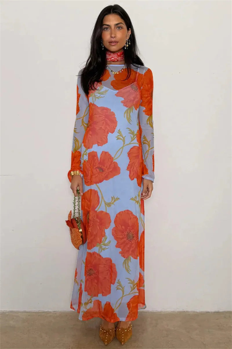 Elegant O Neck Fashion Long Sleeve Slim Patchwork Long Dress