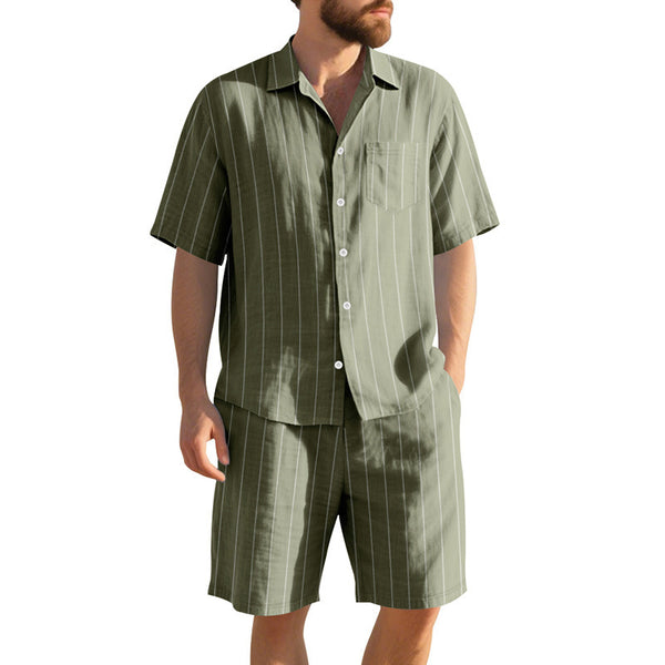 Striped Jacquard Loose Short Sleeve Shirt Beach Shorts Two-piece