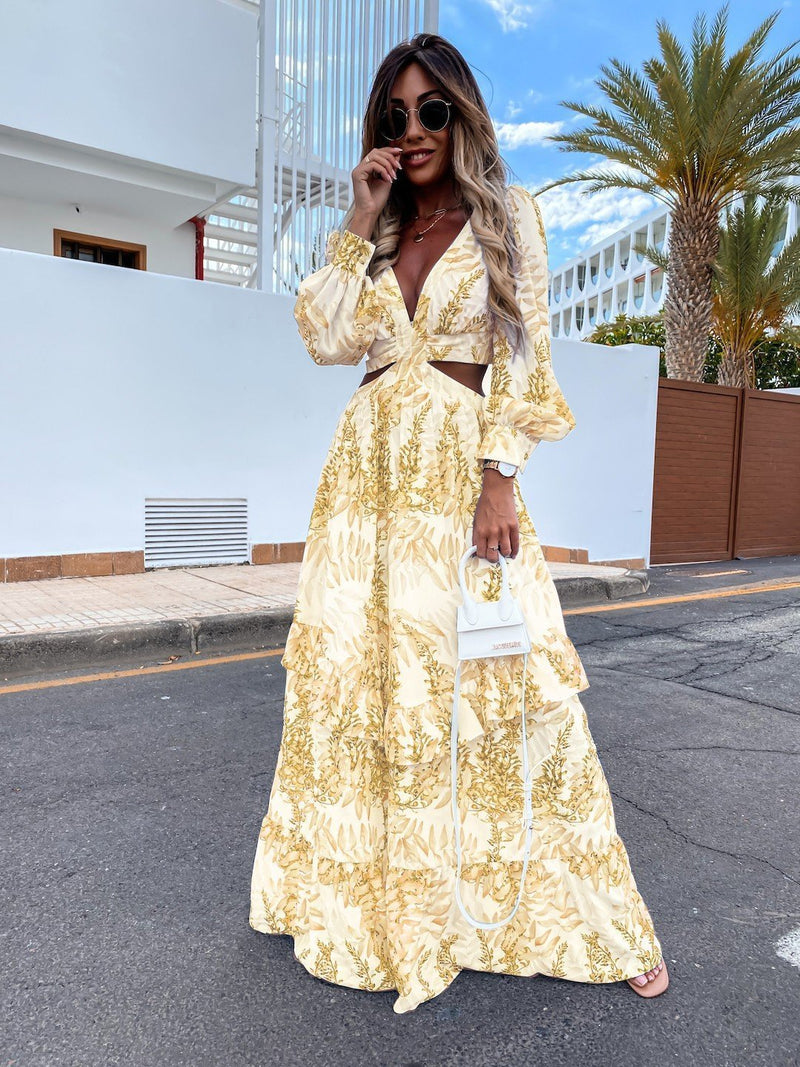Elegant Hollow Floor V-neck Long-sleeved Dress