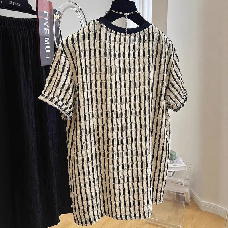 Casual Loose Textile Short Sleeve Stripes