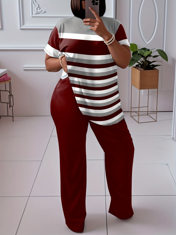 Contrast Striped Short Sleeve With Wide Leg Pants