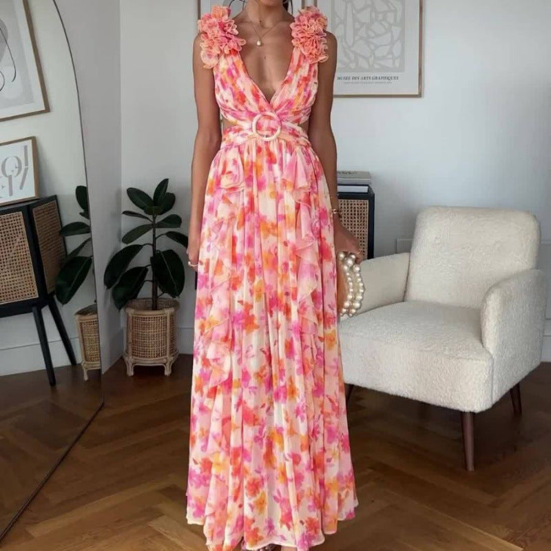Casual Home Floral Backless Dress