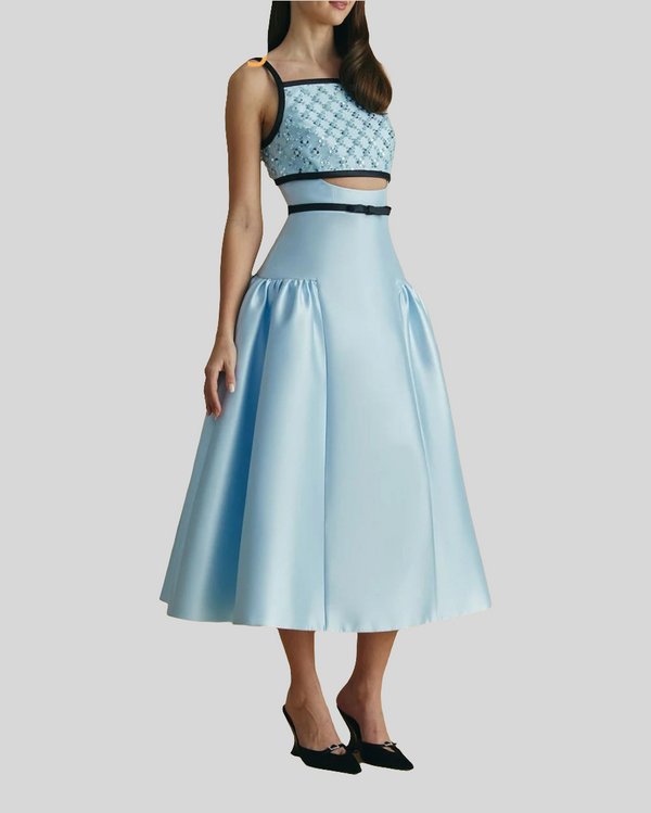Blue Satin Square Collar Spaghetti Straps Sleeveless Dress